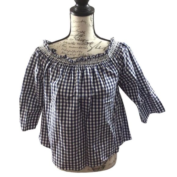 Madewell Smocked Gingham‎ White And Blue Off The Shoulder Top Size Small - Picture 4 of 9